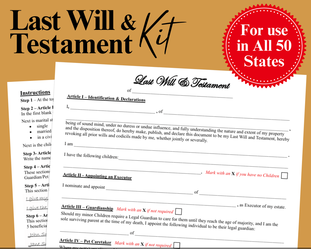 Last Will & Testament forms with instructions on a brown background